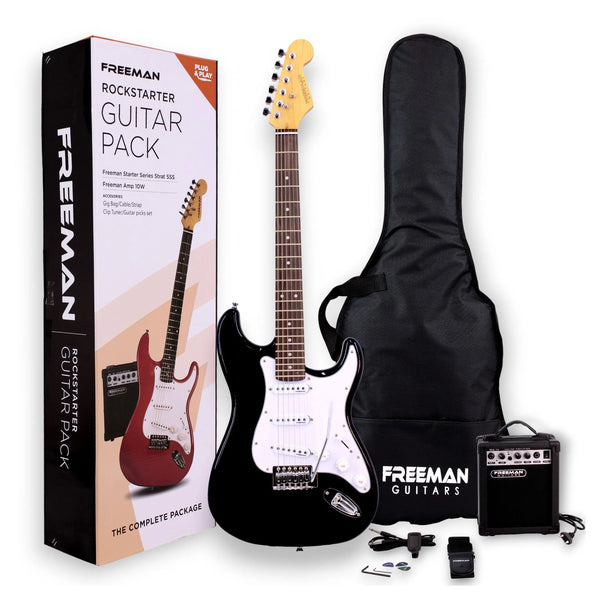 Pack Guitarra Eléctrica Freeman Negra + Amplificador 10W + Accesorios de REGALO